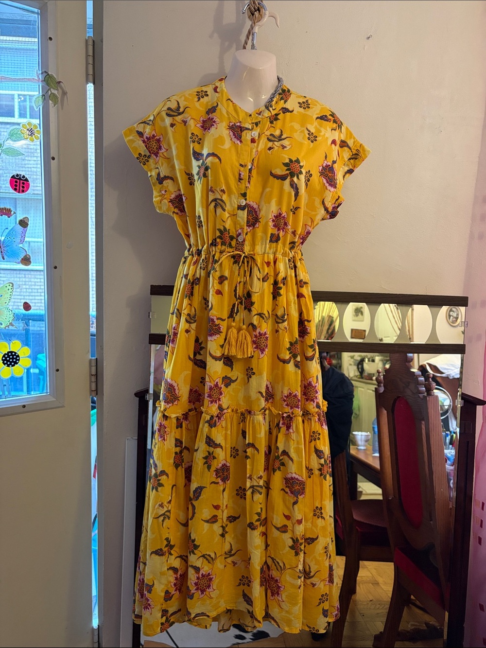 Yellow Floral Tiered Maxi Dress with Tassel Drawstring. Cotton